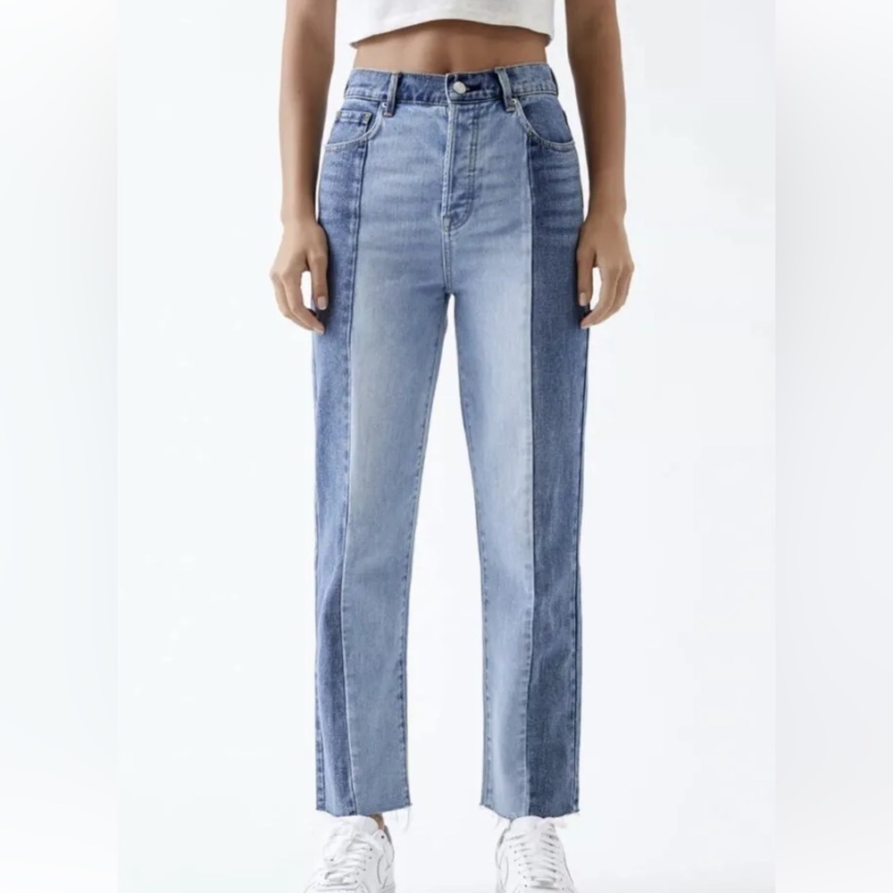 Pacsun Women 26 Blue Two Tone Denim Raw Hem Button Fly High Rise 90s Mom Jean